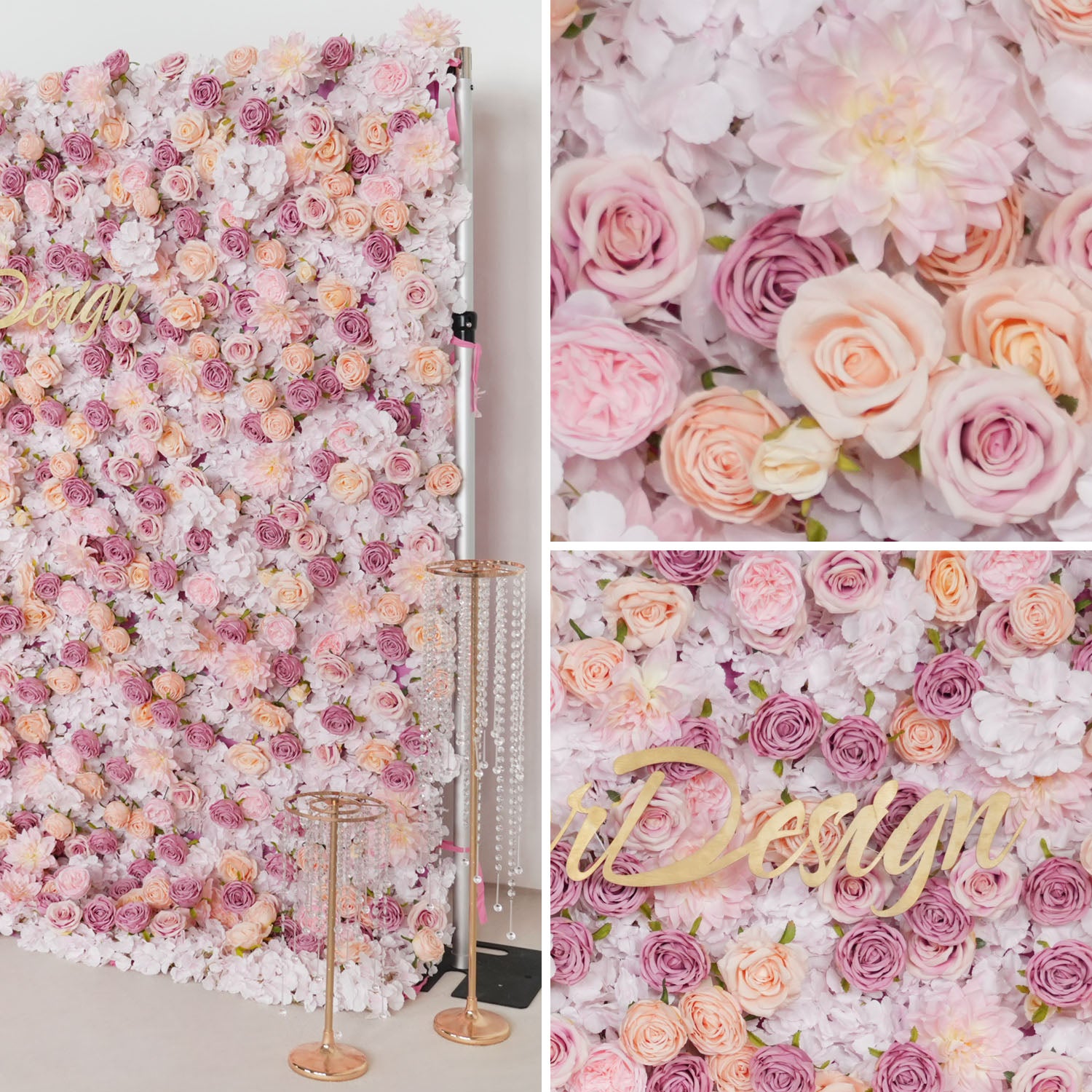 Uflower Artificial Pink Champagne Rose 5D Wedding Flower Wall
